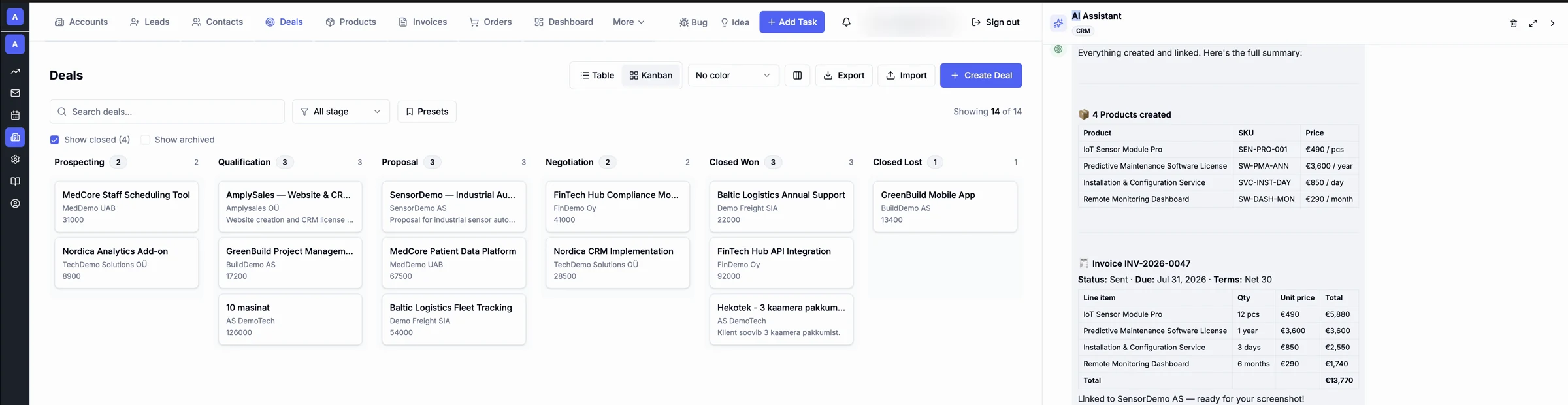 AmplySales deals pipeline beside an AI assistant showing completed product and invoice work