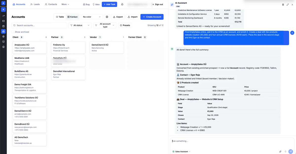 AmplySalesi AI-assistent pärast konto, toodete ja tehingu loomist CRM-is