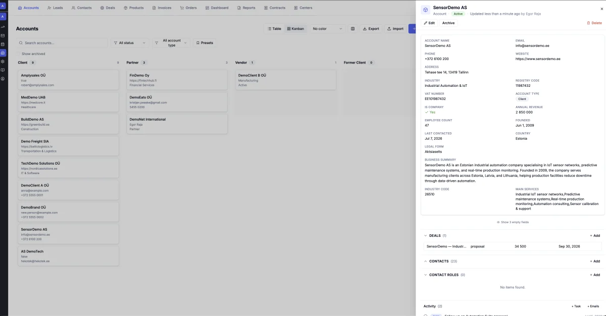 AmplySales account record with related deals, contacts and activity