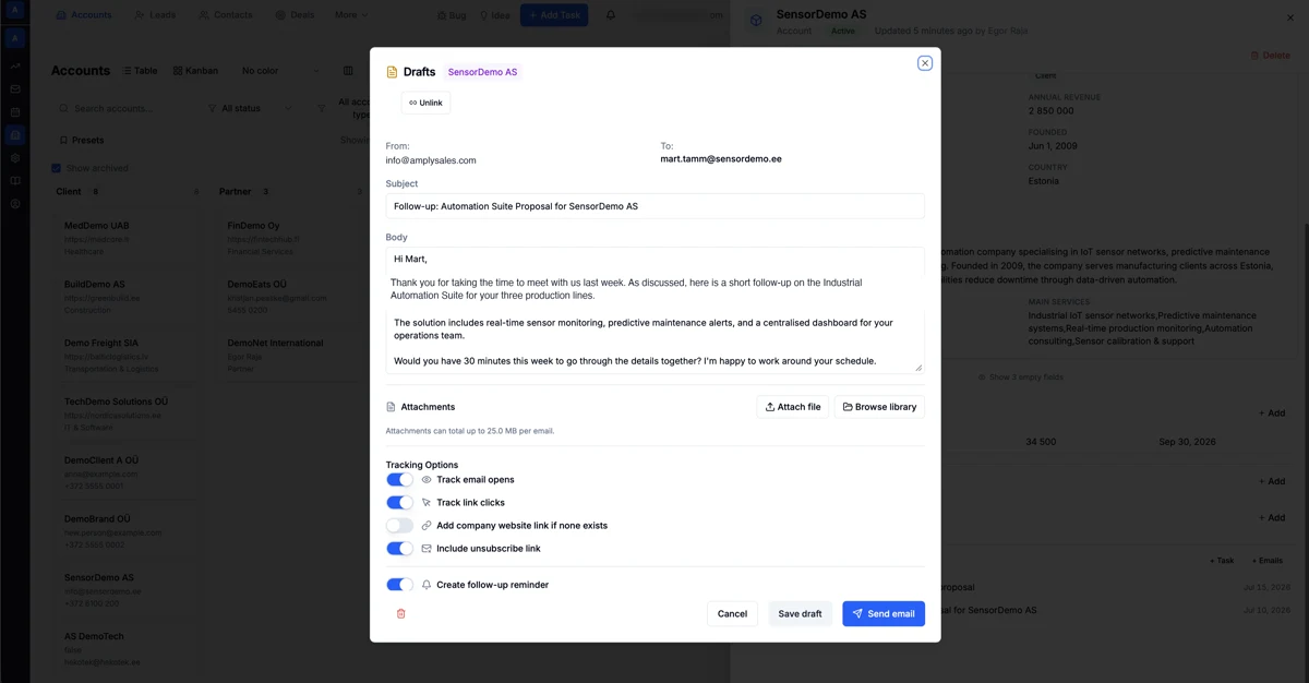 SensorDemo kontoga seotud järelkirja mustand AmplySalesis